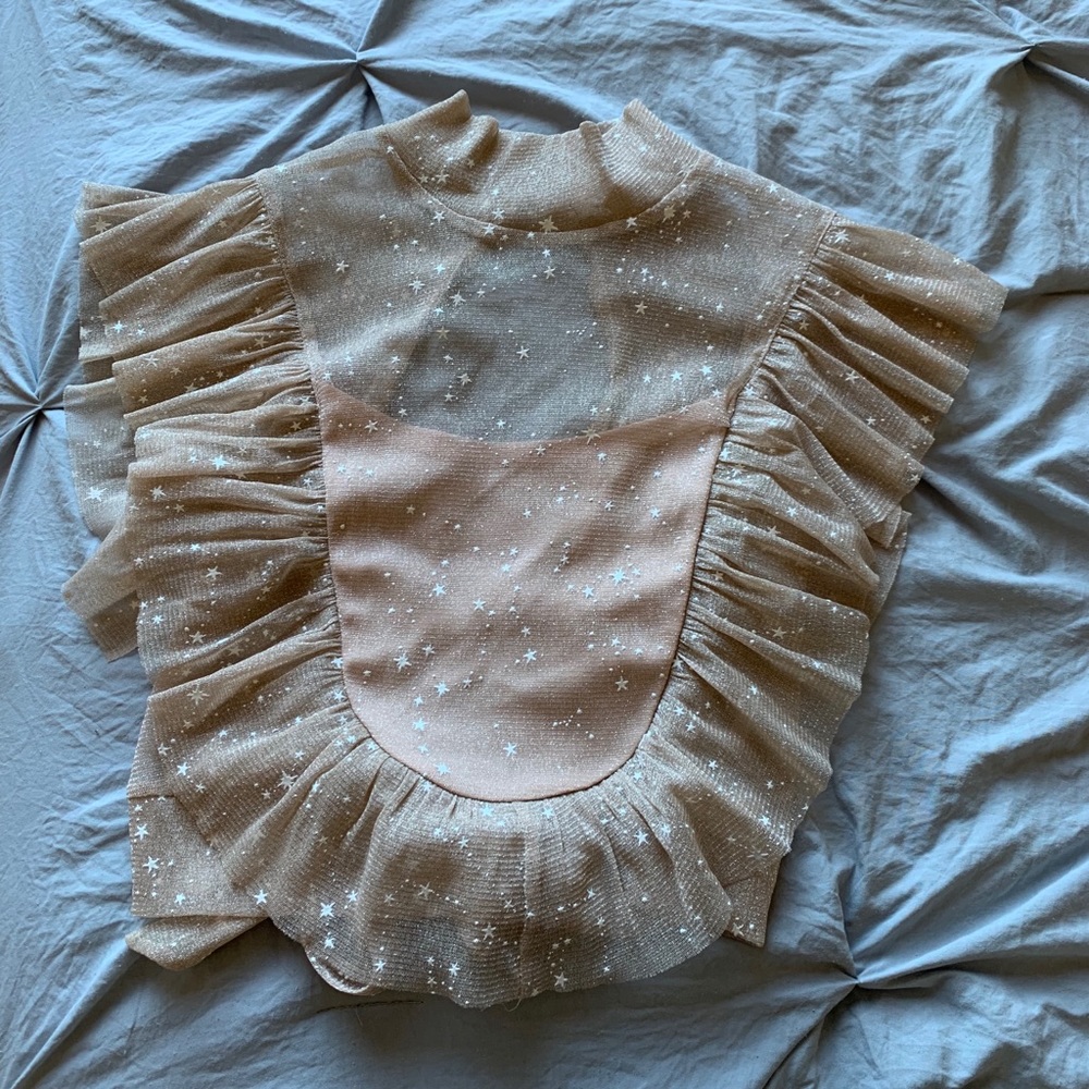 Free People Sheer Starry Ruffle Panel Top in Beige